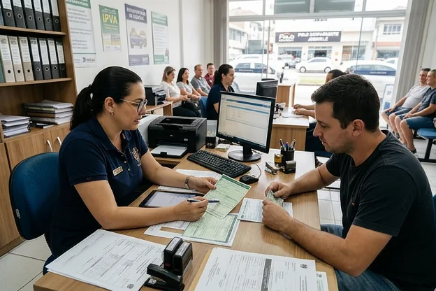 Profissional no despachante em Joinville explicando a documentação veicular para um cliente.